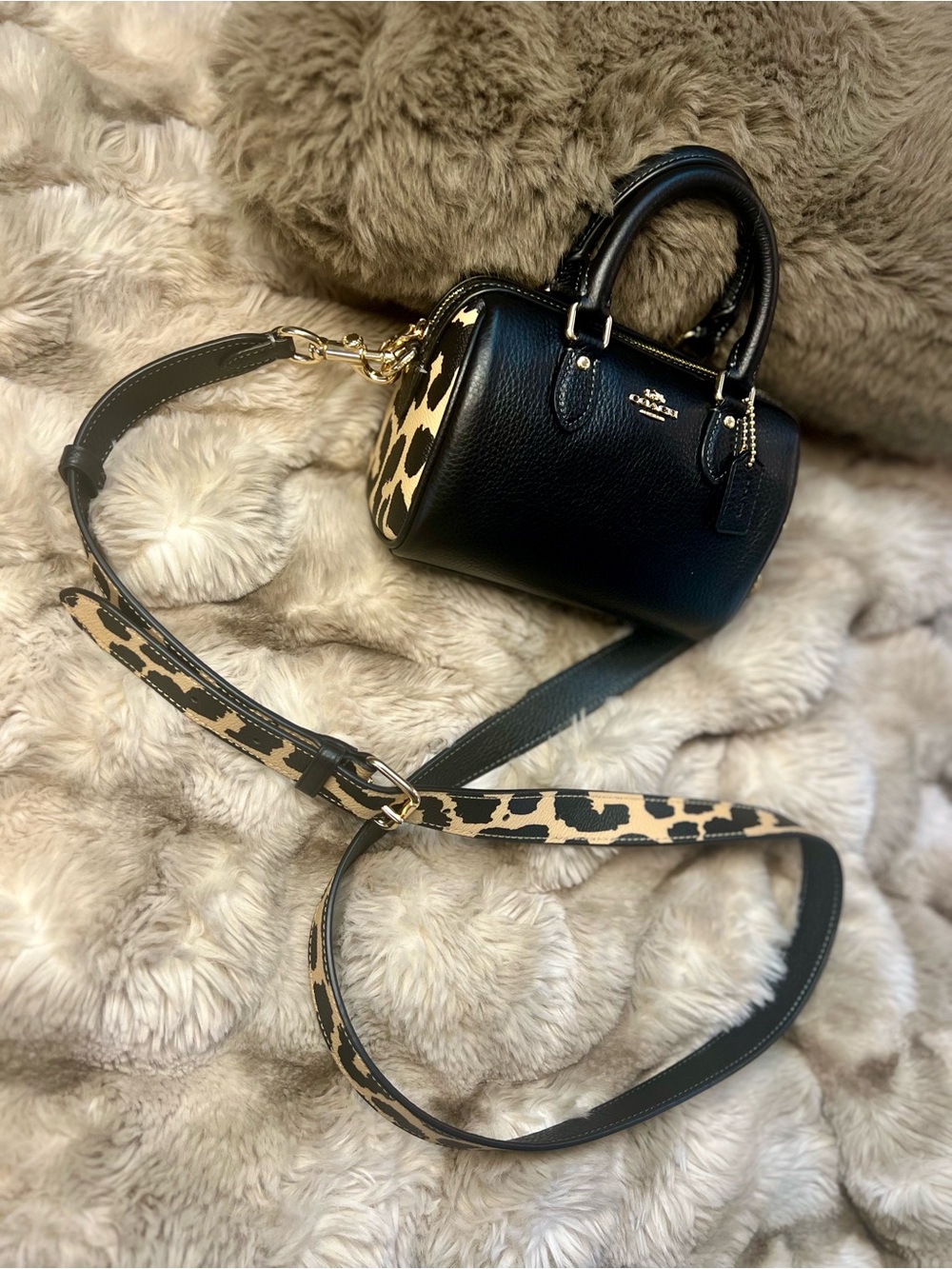Coach Black Pebbled Leather Mini Satchel with Leopard-Print Strap